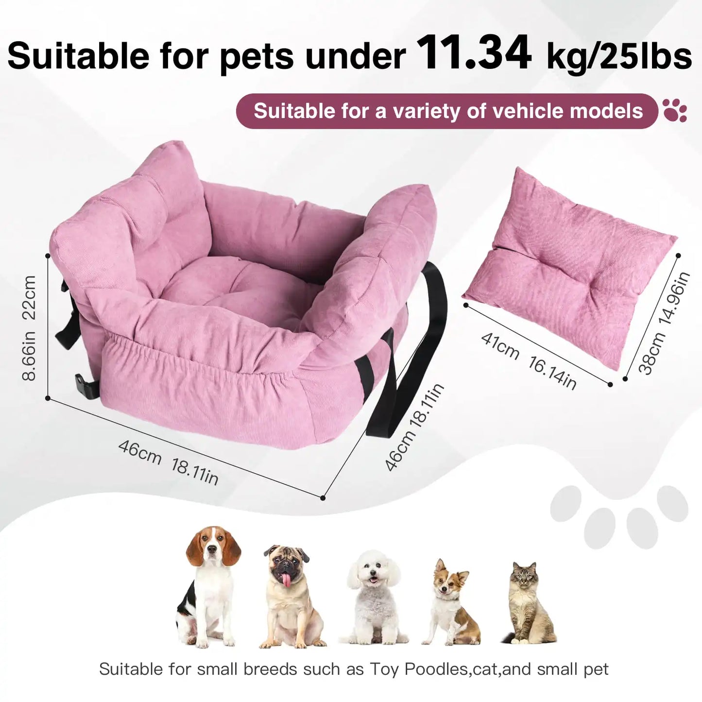 2-in-1 Dog Car Seat Carrier Bag - Detachable with Handles and Safety Belt, Travel Dog Booster Seat for Small Medium Dogs Cats