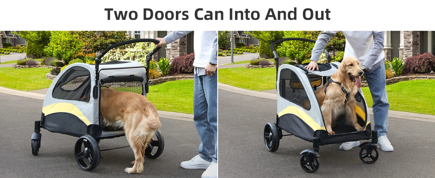 Heavy Duty Large Dog Stroller Buggy 4 Wheels Pet Jogger Pram Doggy Pushchair Brakes Foldable Travel Cart Carriage Zipper Entry