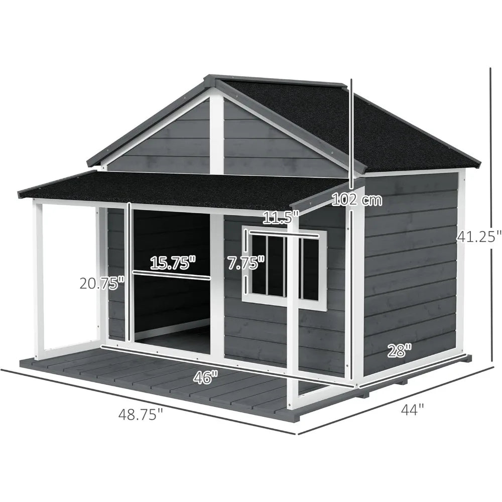 Outdoor Dog House Cabin Style,Wooden Raised Pet Kennel with Asphalt Roof,Front Door,Side Window,Porch for Medium and Large Dogs