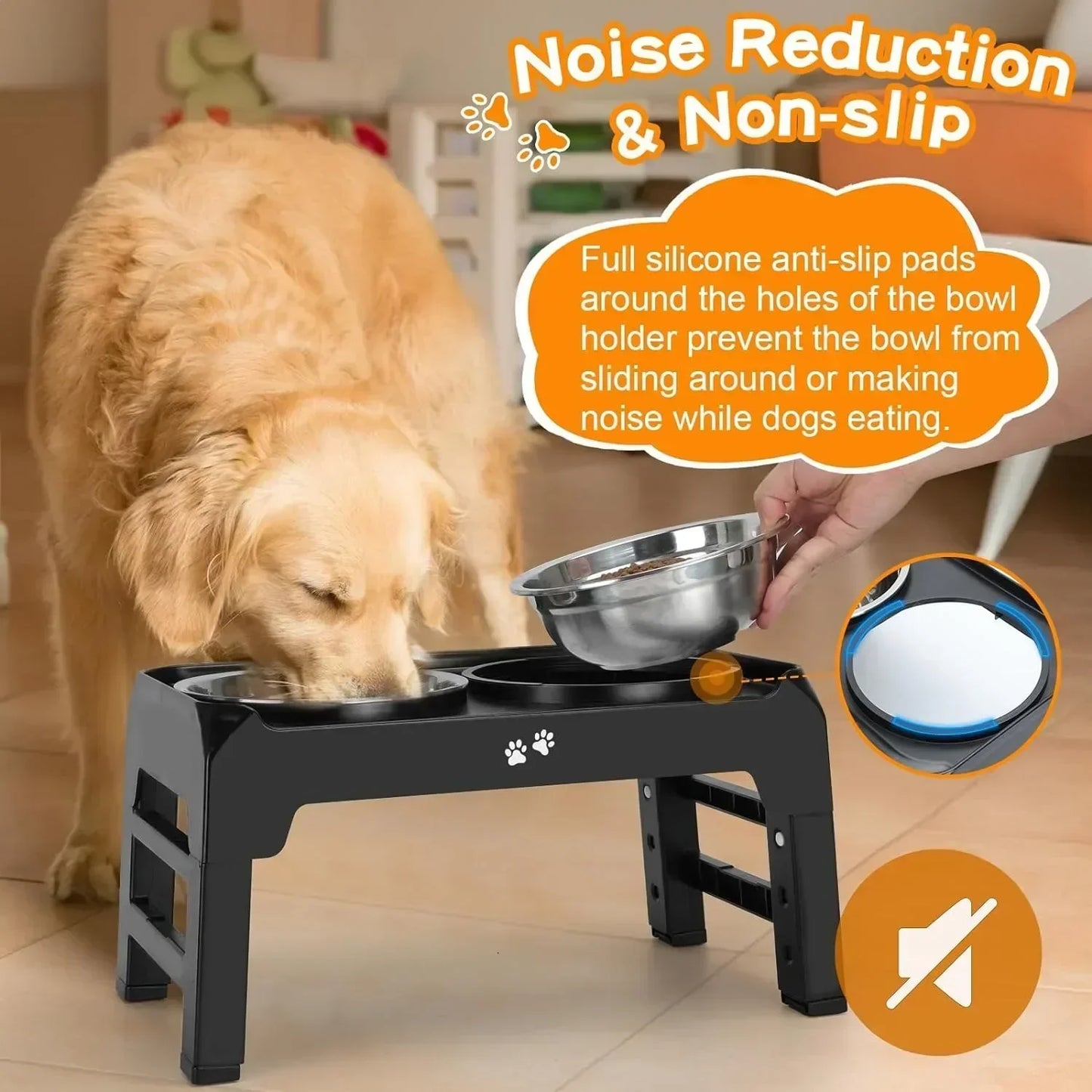 Adjustable Elevated Pet Dish Bowl Black Raised Stand with Double Stainless Steel Food Water Bowls for Small Medium Large Dog Cat