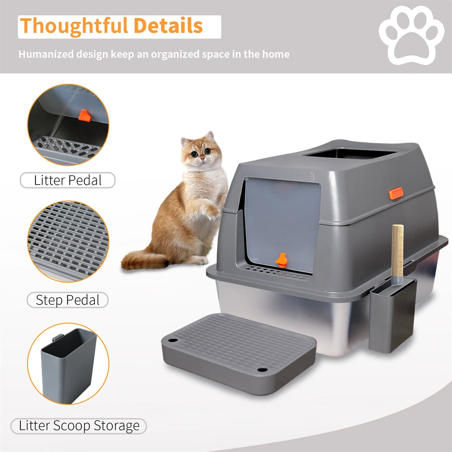 Enclosed Stainless Steel Cat Litter Box with Lid Extra Large for Big Cats Kitty Metal Litter Pan Tray High Wall Sides