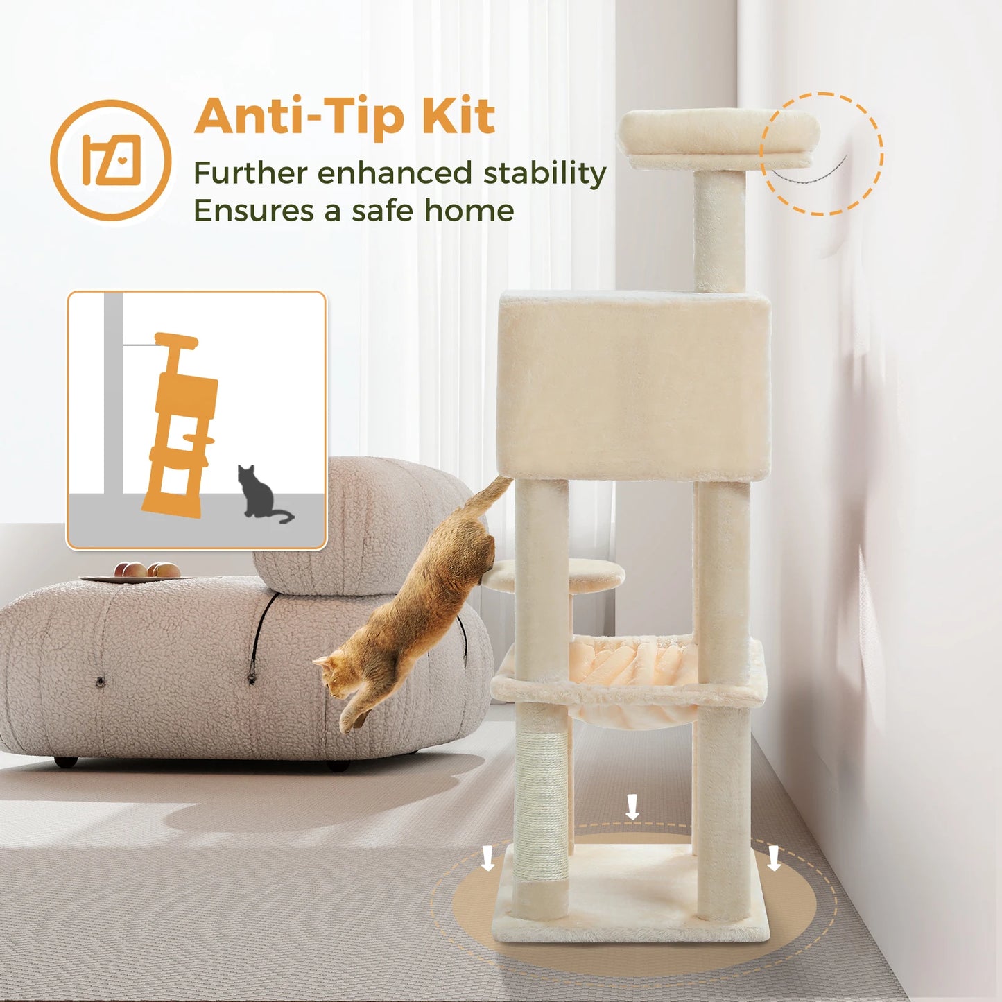 Multi-Level Cat Tree with Sisal Scratching Posts Cozy Condo Big Hammock Plush Cat Tower for Indoor Kitten House Bed Cat Toys