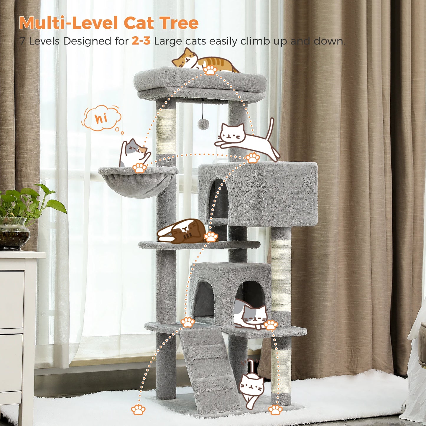 Luxury Cat Tree Multi-Level Tower with Cat Condo Cozy Perches Pet Play House Scratching Post Stable Cat Tower with Hanging Ball