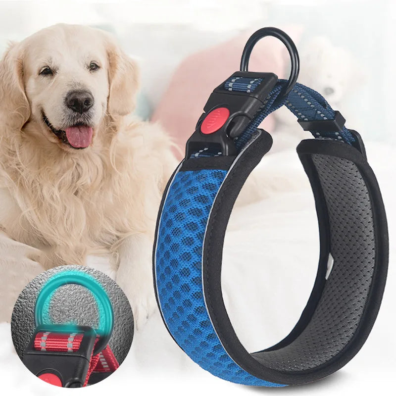 Reflective Dog Collar Night Safety Honeycomb Net Breathable Collars Anti Choke Padded Breathable Nylon Pet Collar Adjustable