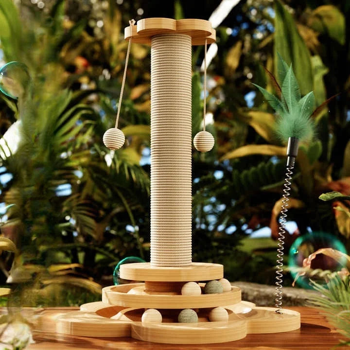 Indoor Cat Scratching Post for Home Pets, 2-Layer Ball Track Kitten Toy with Teasing Wand, Sisal Cat Scratching Post with Toy Ball