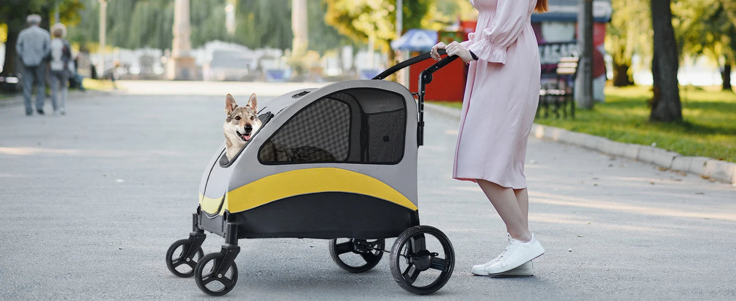 Heavy Duty Large Dog Stroller Buggy 4 Wheels Pet Jogger Pram Doggy Pushchair Brakes Foldable Travel Cart Carriage Zipper Entry