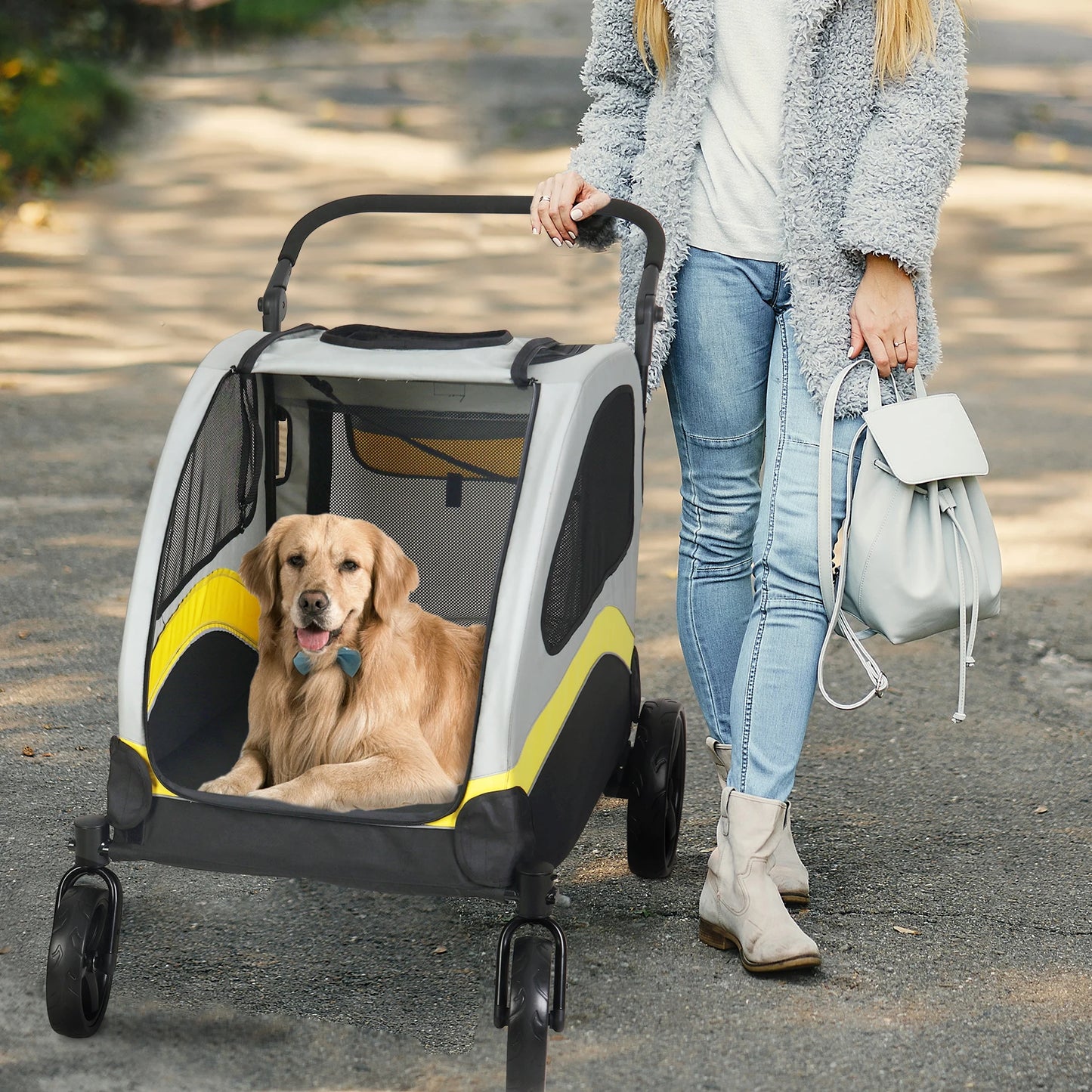 Heavy Duty Large Dog Stroller Buggy 4 Wheels Pet Jogger Pram Doggy Pushchair Brakes Foldable Travel Cart Carriage Zipper Entry