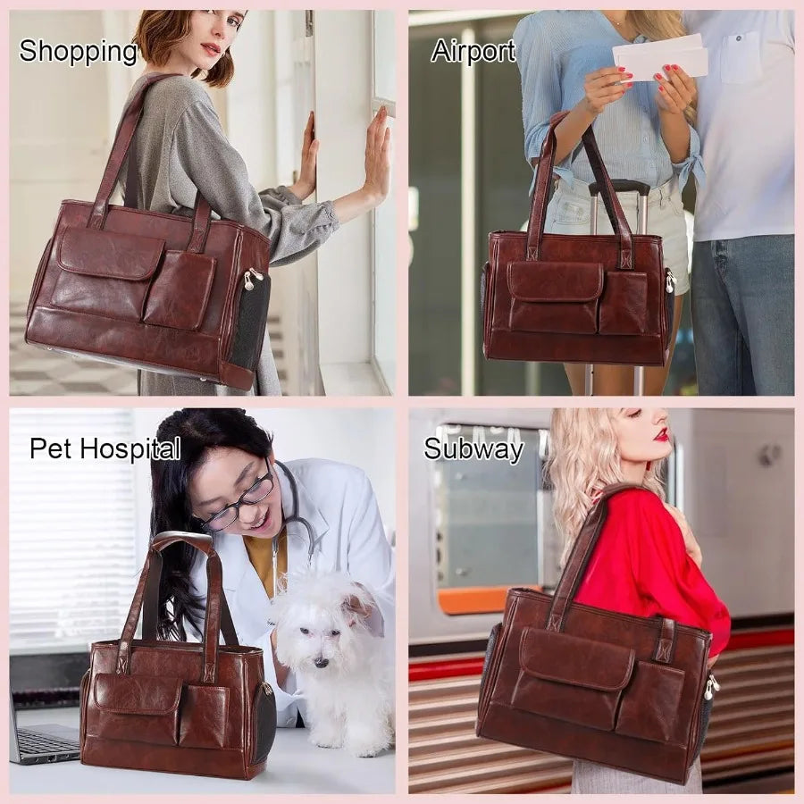 Fashionable Leather Dog Carrier Purse for Air Travel: SoftSided Pet Tote Bag with Multiple Pockets Ideal for Cats and Small Dog