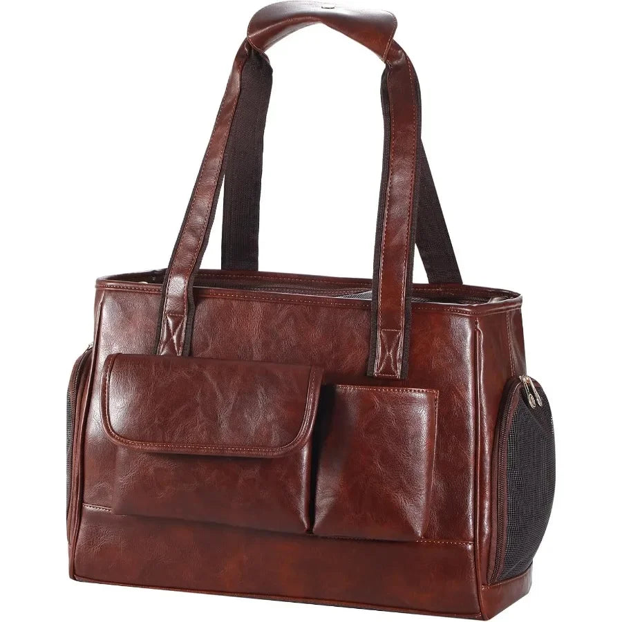 Fashionable Leather Dog Carrier Purse for Air Travel: SoftSided Pet Tote Bag with Multiple Pockets Ideal for Cats and Small Dog