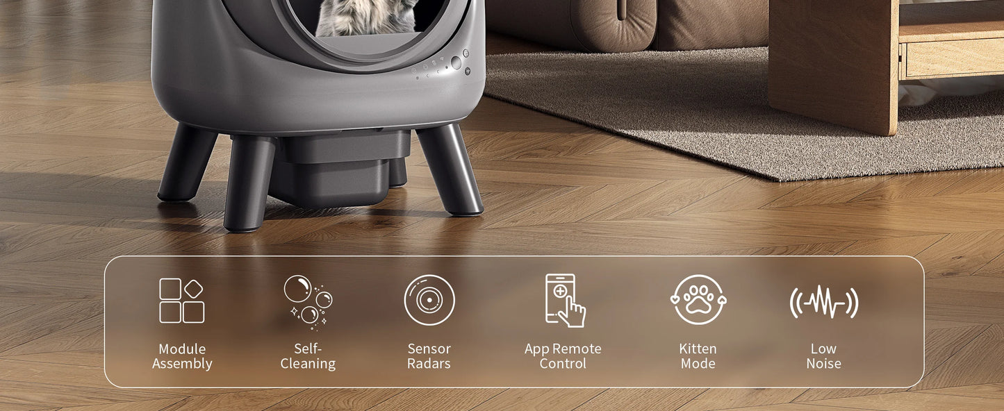 Self Cleaning Litter Box Automatic for Multiple Cats,Robot with APP Control,Dual Safety Protection Odor-Free Waste Disposal Grey