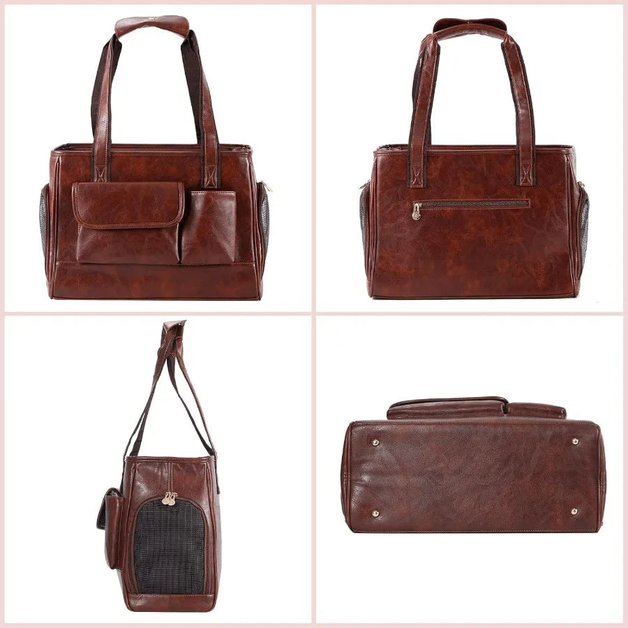 Fashionable Leather Dog Carrier Purse for Air Travel: SoftSided Pet Tote Bag with Multiple Pockets Ideal for Cats and Small Dog