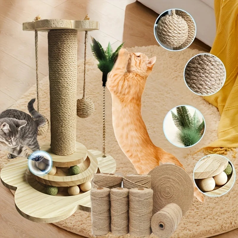 Indoor Cat Scratching Post for Home Pets, 2-Layer Ball Track Kitten Toy with Teasing Wand, Sisal Cat Scratching Post with Toy Ball