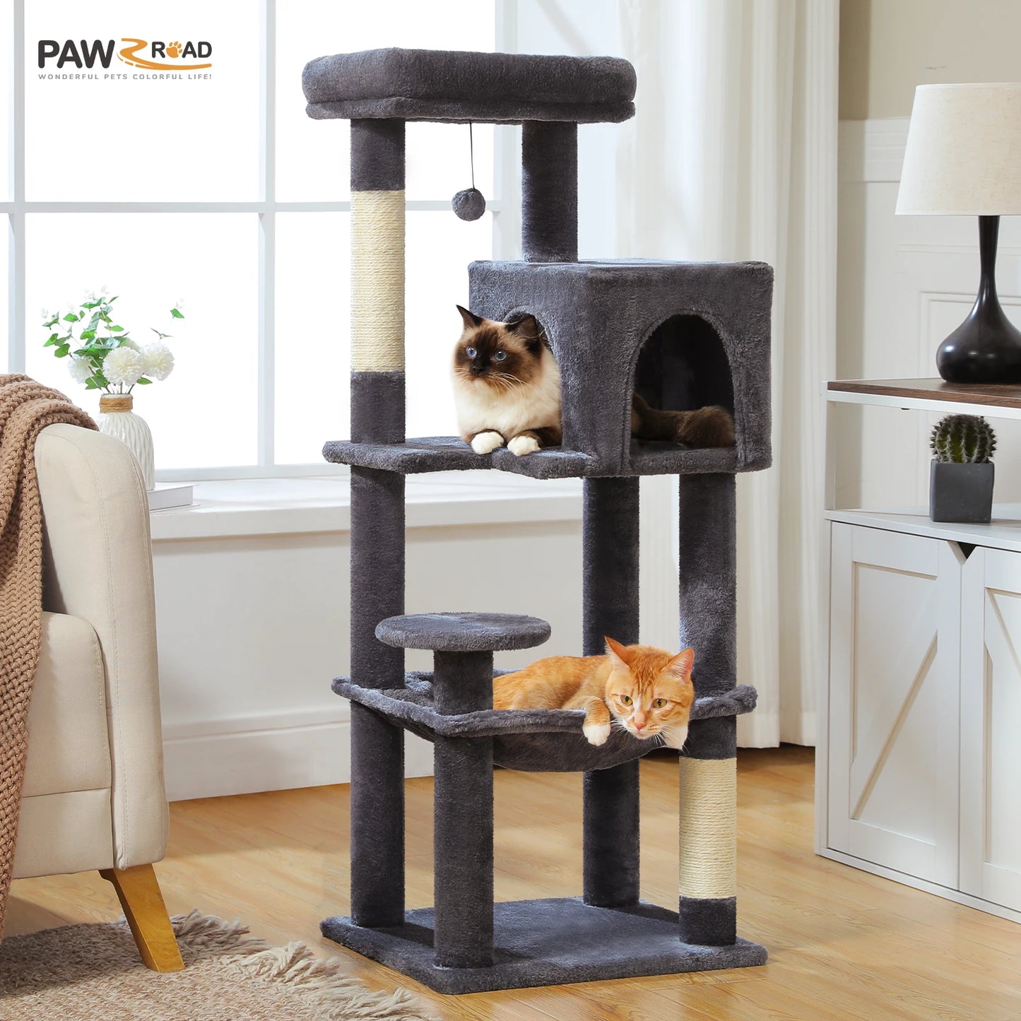 Multi-Level Cat Tree with Sisal Scratching Posts Cozy Condo Big Hammock Plush Cat Tower for Indoor Kitten House Bed Cat Toys