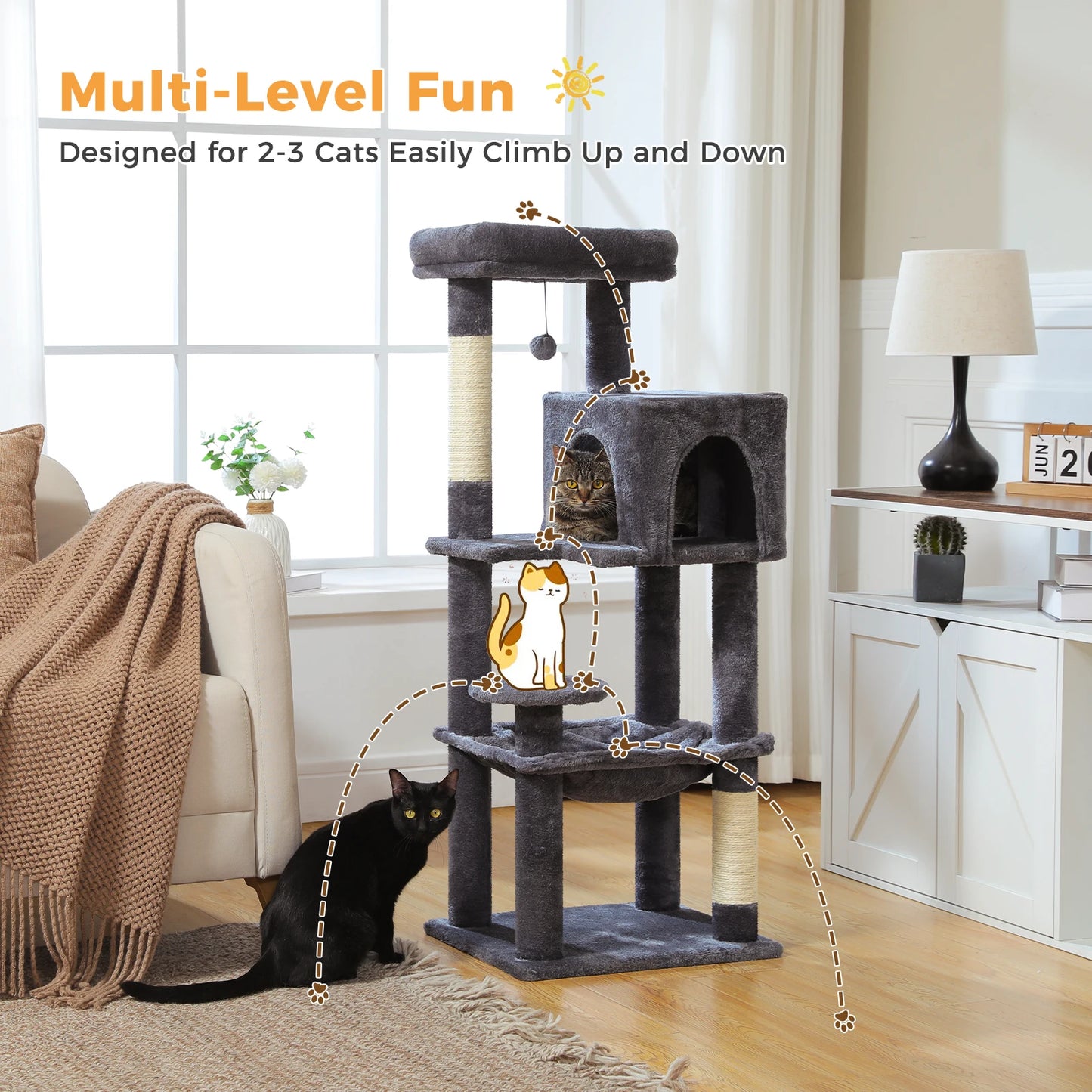 Multi-Level Cat Tree with Sisal Scratching Posts Cozy Condo Big Hammock Plush Cat Tower for Indoor Kitten House Bed Cat Toys