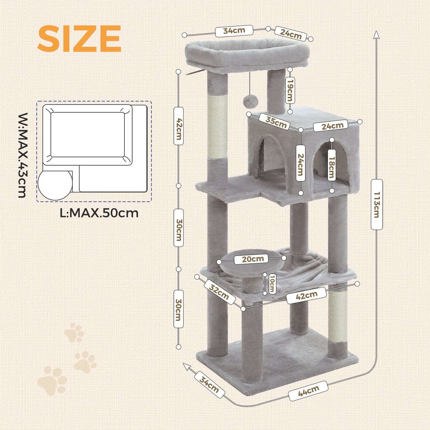 Multi-Level Cat Tree with Sisal Scratching Posts Cozy Condo Big Hammock Plush Cat Tower for Indoor Kitten House Bed Cat Toys