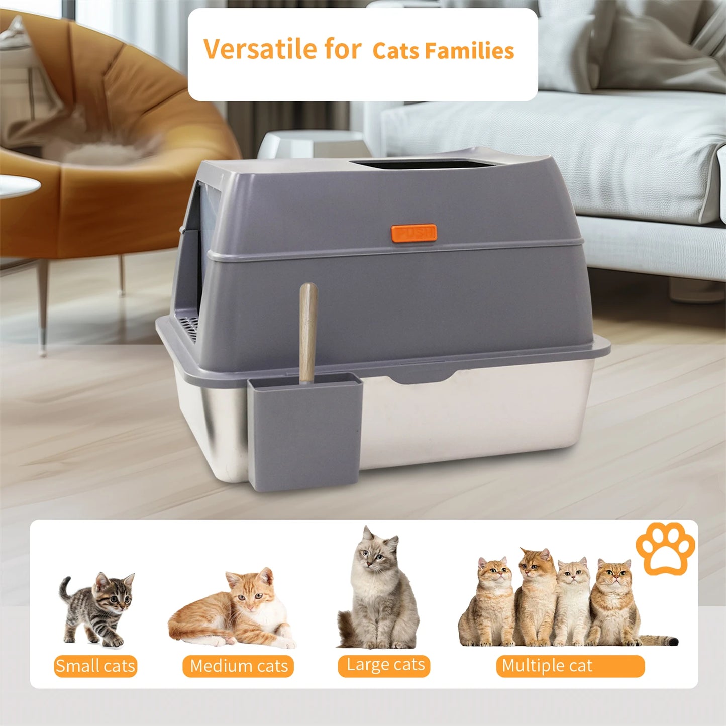 Enclosed Stainless Steel Cat Litter Box with Lid Extra Large for Big Cats Kitty Metal Litter Pan Tray High Wall Sides