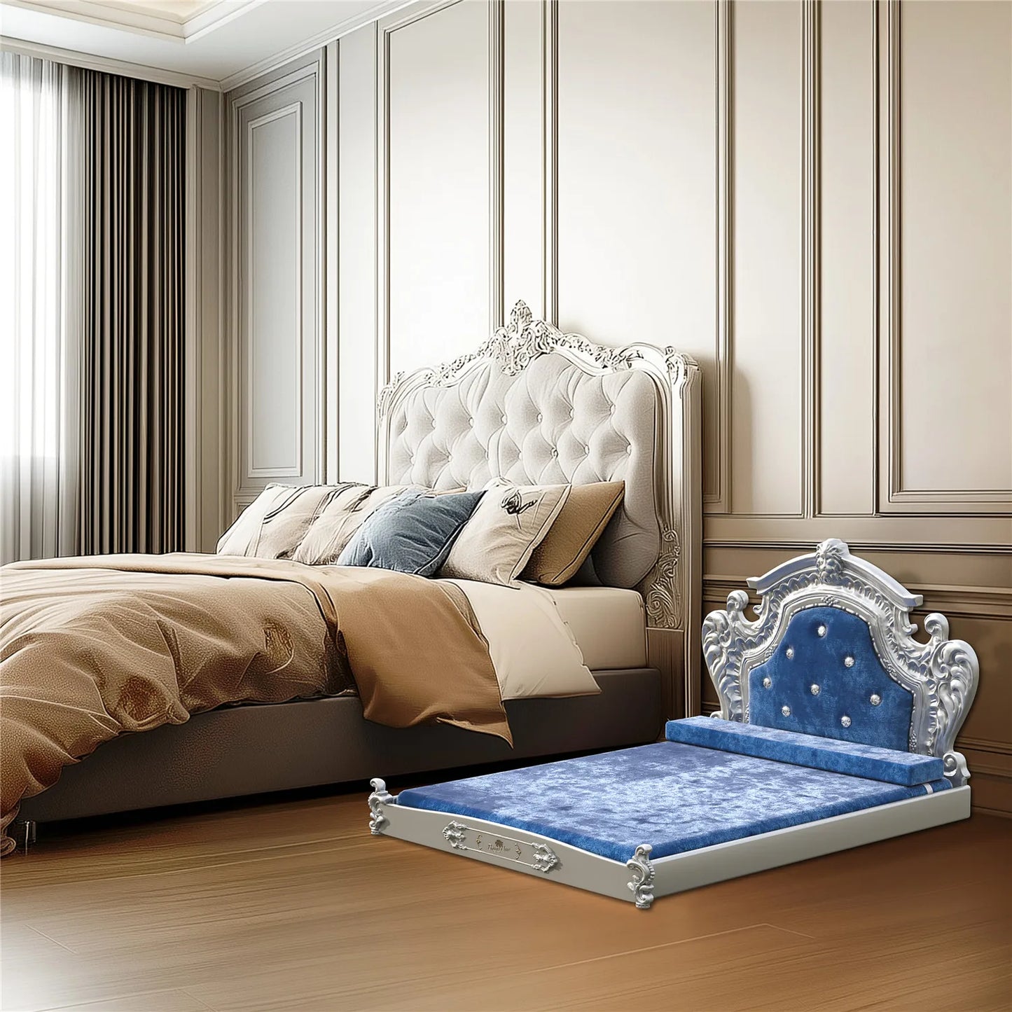 Bingopaw Luxury Pet Bed with Headboard, Dutch Velvet Dog Cat Bed for Medium and Large Dog, European Style Noble Pet Bed