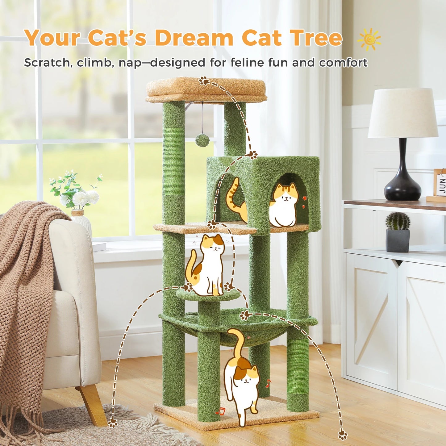 Multi-Level Cat Tree with Sisal Scratching Posts Cozy Condo Big Hammock Plush Cat Tower for Indoor Kitten House Bed Cat Toys