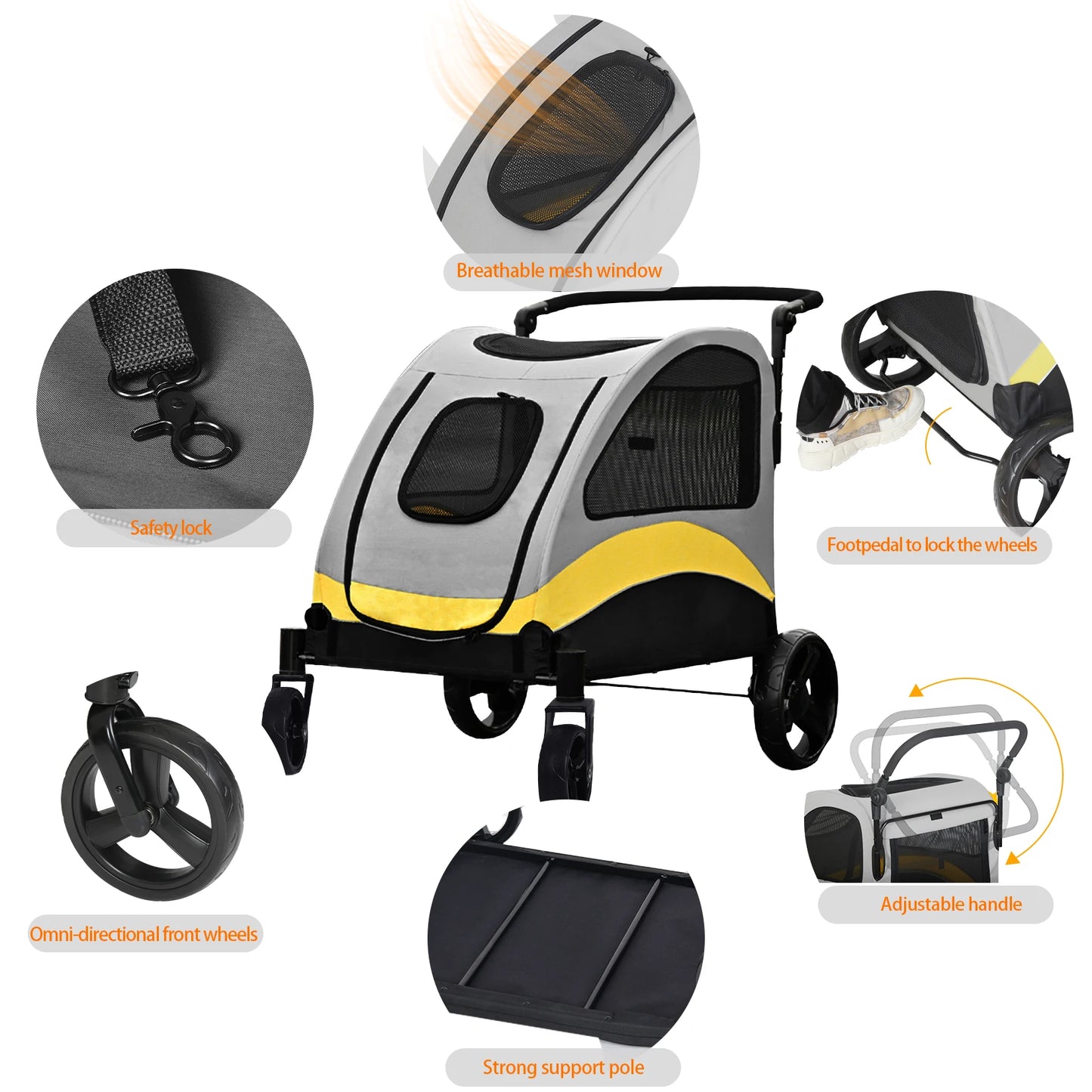 Heavy Duty Large Dog Stroller Buggy 4 Wheels Pet Jogger Pram Doggy Pushchair Brakes Foldable Travel Cart Carriage Zipper Entry