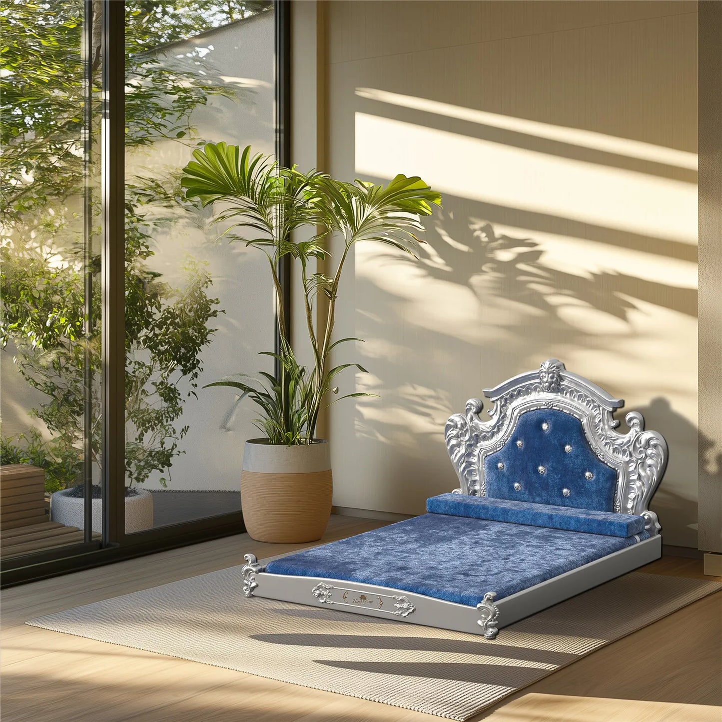 Bingopaw Luxury Pet Bed with Headboard, Dutch Velvet Dog Cat Bed for Medium and Large Dog, European Style Noble Pet Bed