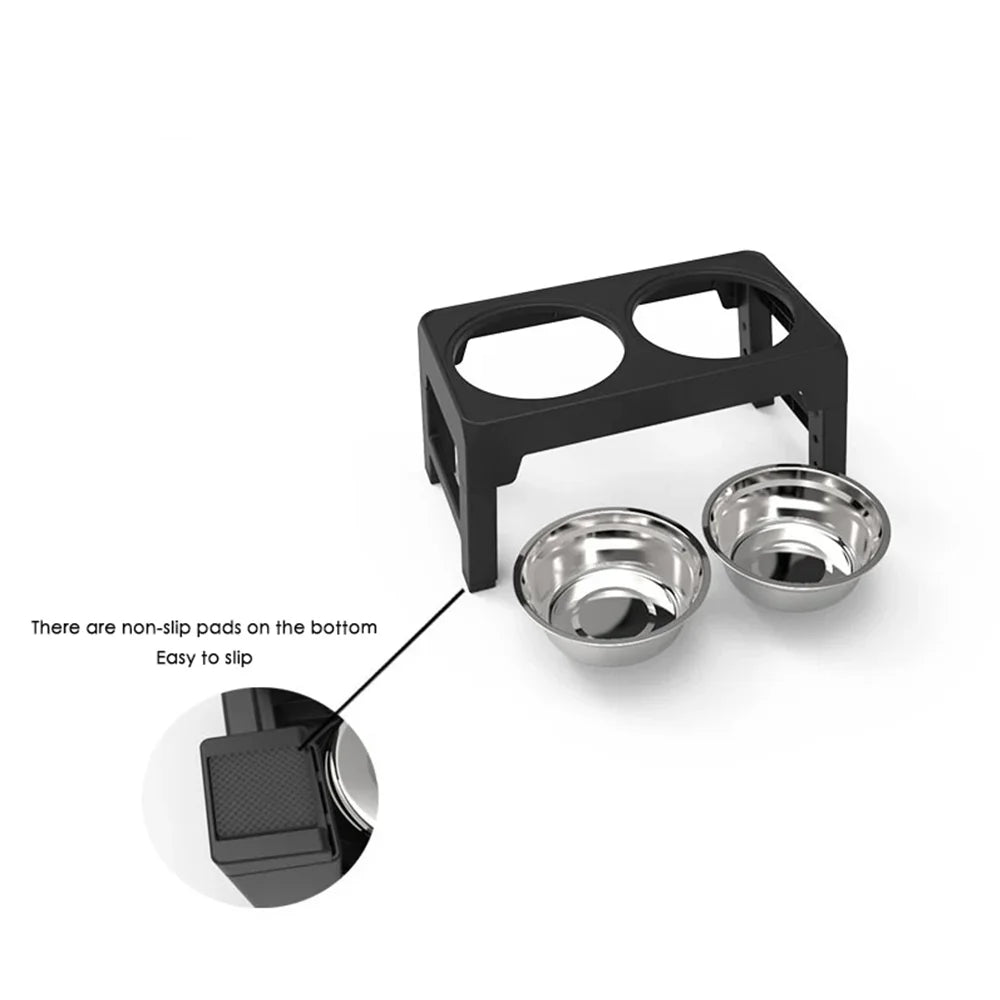 Adjustable Elevated Pet Dish Bowl Black Raised Stand with Double Stainless Steel Food Water Bowls for Small Medium Large Dog Cat