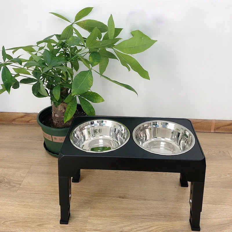 Adjustable Elevated Pet Dish Bowl Black Raised Stand with Double Stainless Steel Food Water Bowls for Small Medium Large Dog Cat