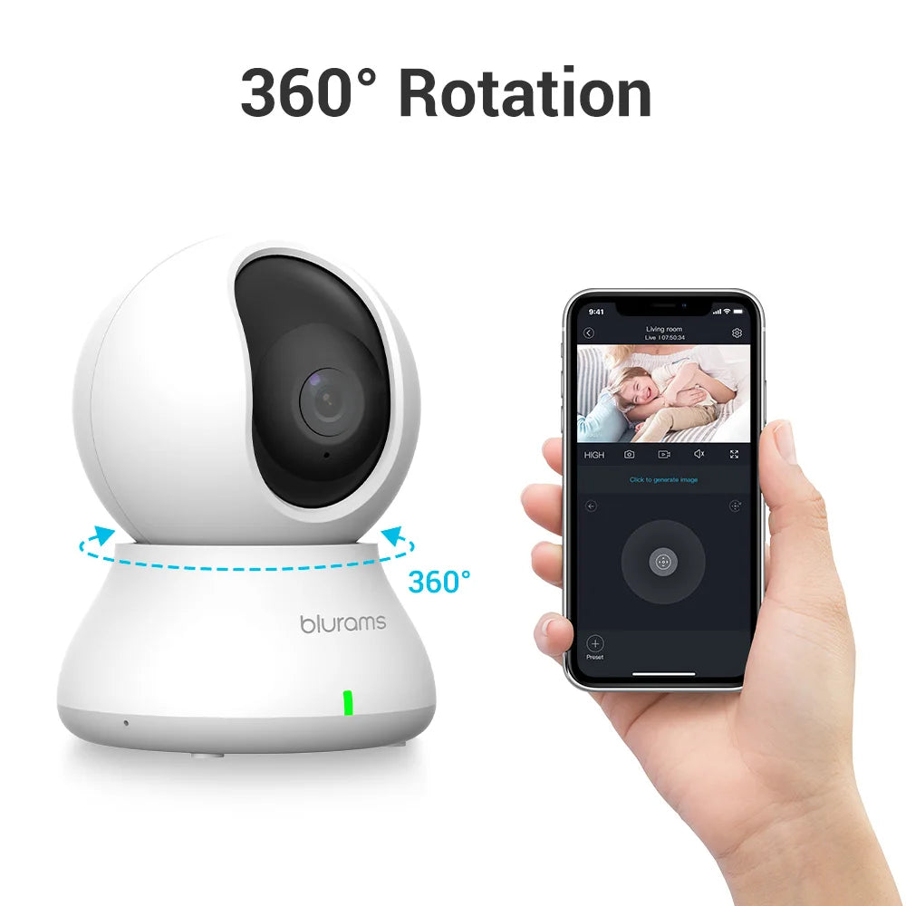 Blurams 2.4&5G WiFi Indoor Camera, 2K, 360° PTZ Pet Dog IP CCTV Camera with Phone App, 2-Way Talk, Night Vision, for Home Securi
