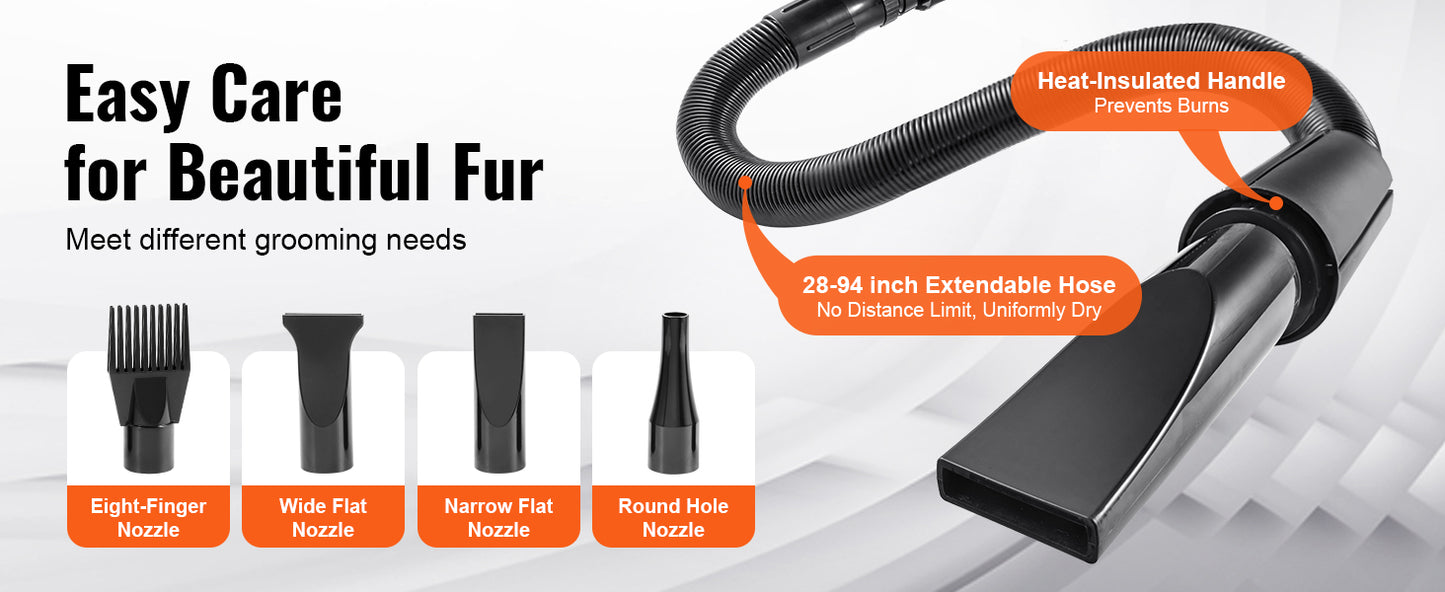 SucceBuy 2000W/2.7HP Dog Blow Dryer Adjustable Speed Temperature Control with 4 Nozzle and Extendable Hose for Pet Hair Grooming