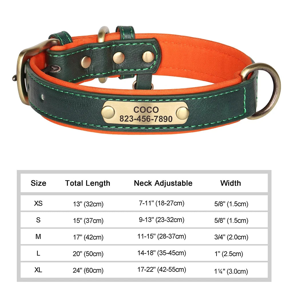Personalized Customized Leather ID Nameplate Dog Collar Soft Padded Dogs Collars Free Engraving Name for Small Medium Large Dogs