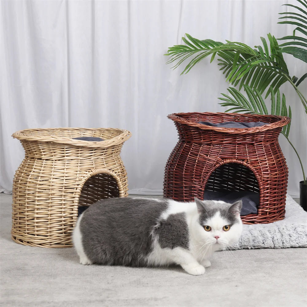2-Tier Rattan Wicker Elevated Cat House Kitty Scratch Indoor Igloo Cat Bed Cave House Pet Bed Basket with Washable Soft Cushion