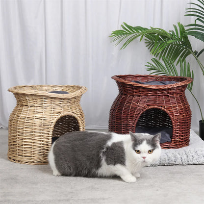 2-Tier Rattan Wicker Elevated Cat House Kitty Scratch Indoor Igloo Cat Bed Cave House Pet Bed Basket with Washable Soft Cushion