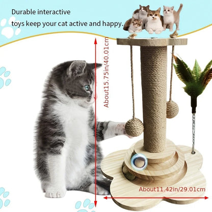 Indoor Cat Scratching Post for Home Pets, 2-Layer Ball Track Kitten Toy with Teasing Wand, Sisal Cat Scratching Post with Toy Ball