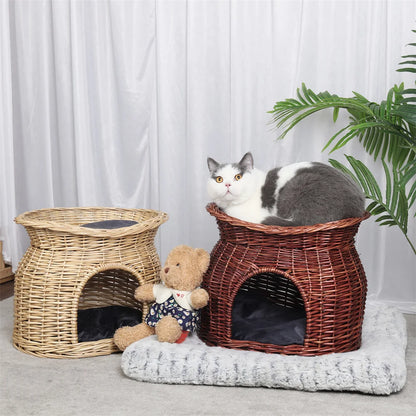 2-Tier Rattan Wicker Elevated Cat House Kitty Scratch Indoor Igloo Cat Bed Cave House Pet Bed Basket with Washable Soft Cushion