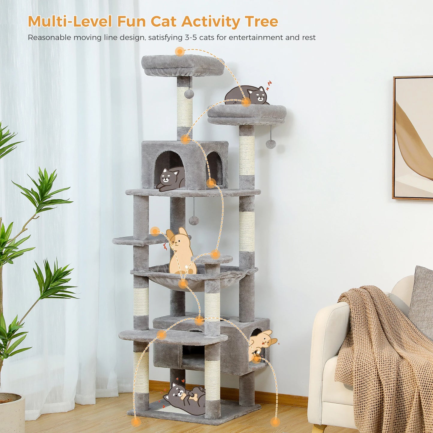 Large Cat Tree and Tower for Indoor Cats With Sisal-Covered Scratching Posts Spacious Hammock Padded Perches and Condos Cat Toys