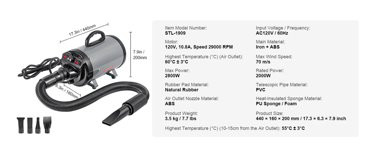 SucceBuy 2000W/2.7HP Dog Blow Dryer Adjustable Speed Temperature Control with 4 Nozzle and Extendable Hose for Pet Hair Grooming