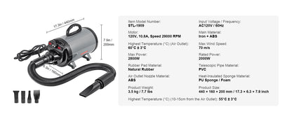 SucceBuy 2000W/2.7HP Dog Blow Dryer Adjustable Speed Temperature Control with 4 Nozzle and Extendable Hose for Pet Hair Grooming