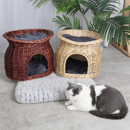 2-Tier Rattan Wicker Elevated Cat House Kitty Scratch Indoor Igloo Cat Bed Cave House Pet Bed Basket with Washable Soft Cushion