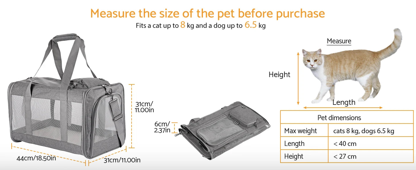 "Airline-approved pet carrier for cats/dogs, soft travel bag, breathable honeycomb board, removable support, for car/air travel