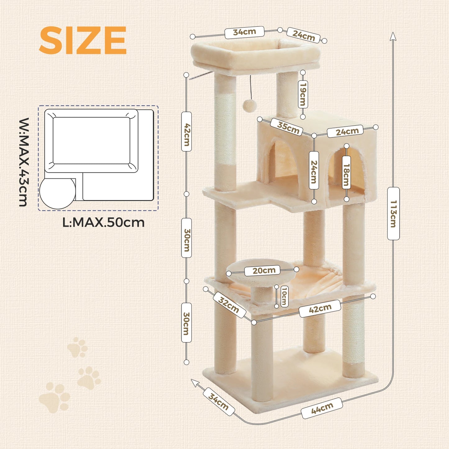 Multi-Level Cat Tree with Sisal Scratching Posts Cozy Condo Big Hammock Plush Cat Tower for Indoor Kitten House Bed Cat Toys
