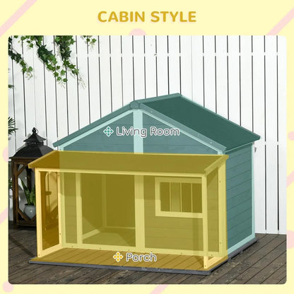 Outdoor Dog House Cabin Style,Wooden Raised Pet Kennel with Asphalt Roof,Front Door,Side Window,Porch for Medium and Large Dogs