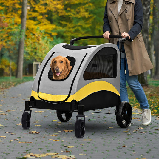 Heavy Duty Large Dog Stroller Buggy 4 Wheels Pet Jogger Pram Doggy Pushchair Brakes Foldable Travel Cart Carriage Zipper Entry
