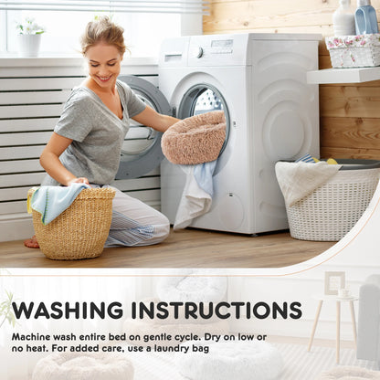 JHK Calming Dog Bed for Medium to Large Dogs Washable Large Pet Bed Anti-Slip Round Fluffy Plush Faux Fur Dog Bed