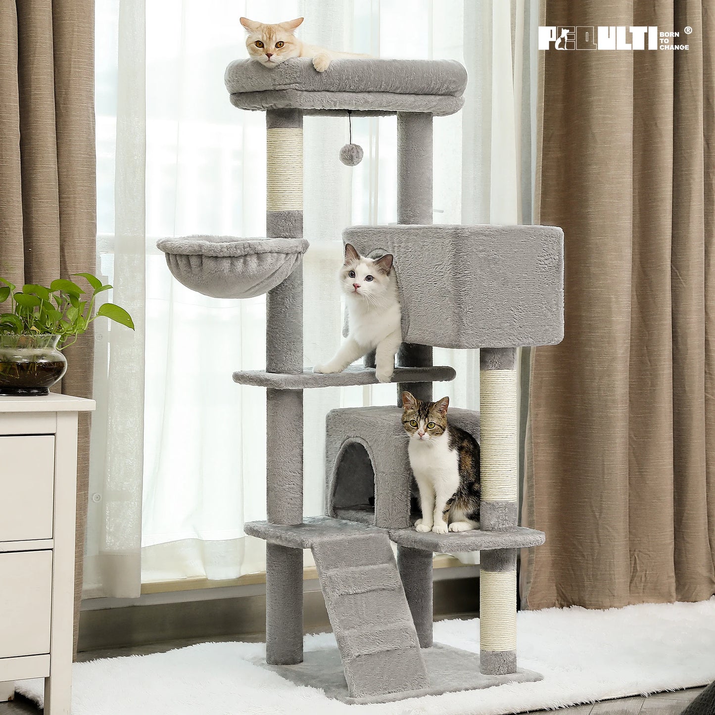 Luxury Cat Tree Multi-Level Tower with Cat Condo Cozy Perches Pet Play House Scratching Post Stable Cat Tower with Hanging Ball