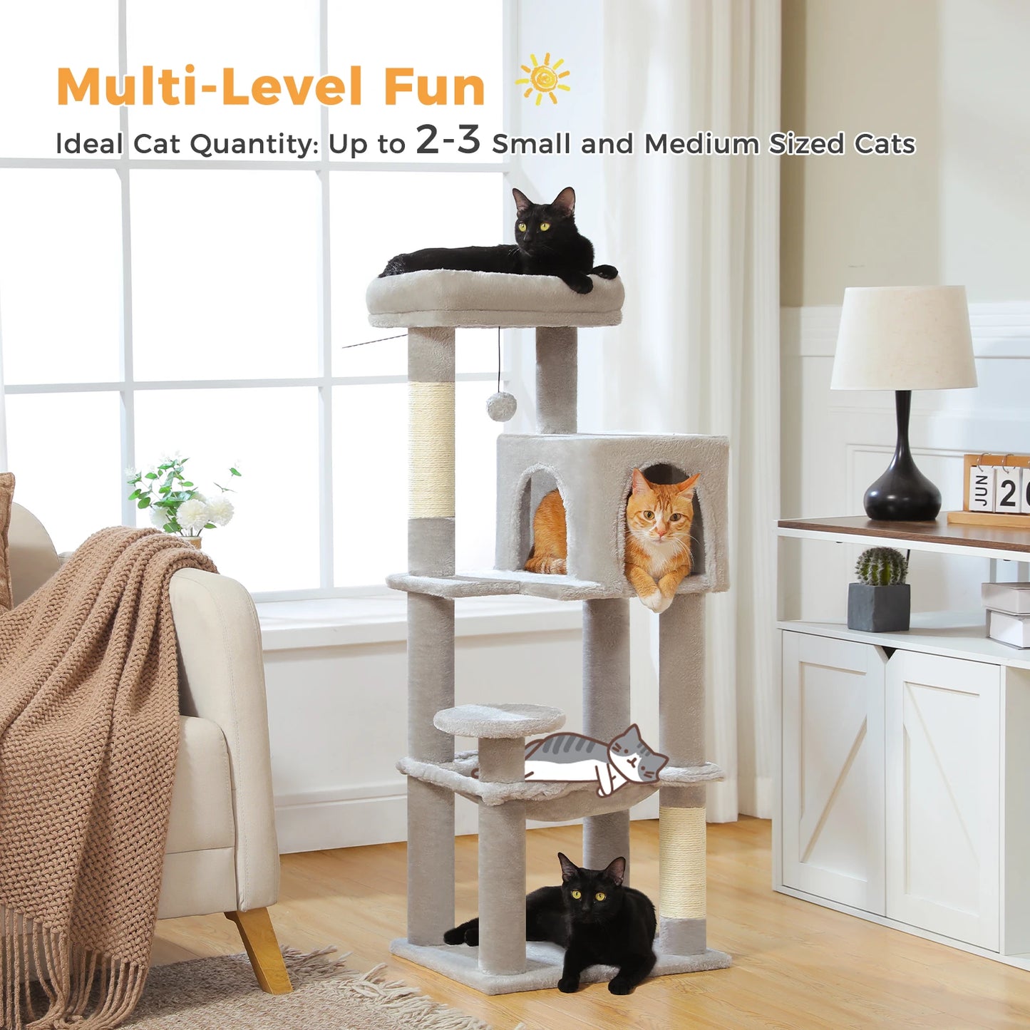 Multi-Level Cat Tree with Sisal Scratching Posts Cozy Condo Big Hammock Plush Cat Tower for Indoor Kitten House Bed Cat Toys