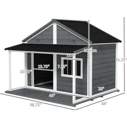 Outdoor Dog House Cabin Style,Wooden Raised Pet Kennel with Asphalt Roof,Front Door,Side Window,Porch for Medium and Large Dogs