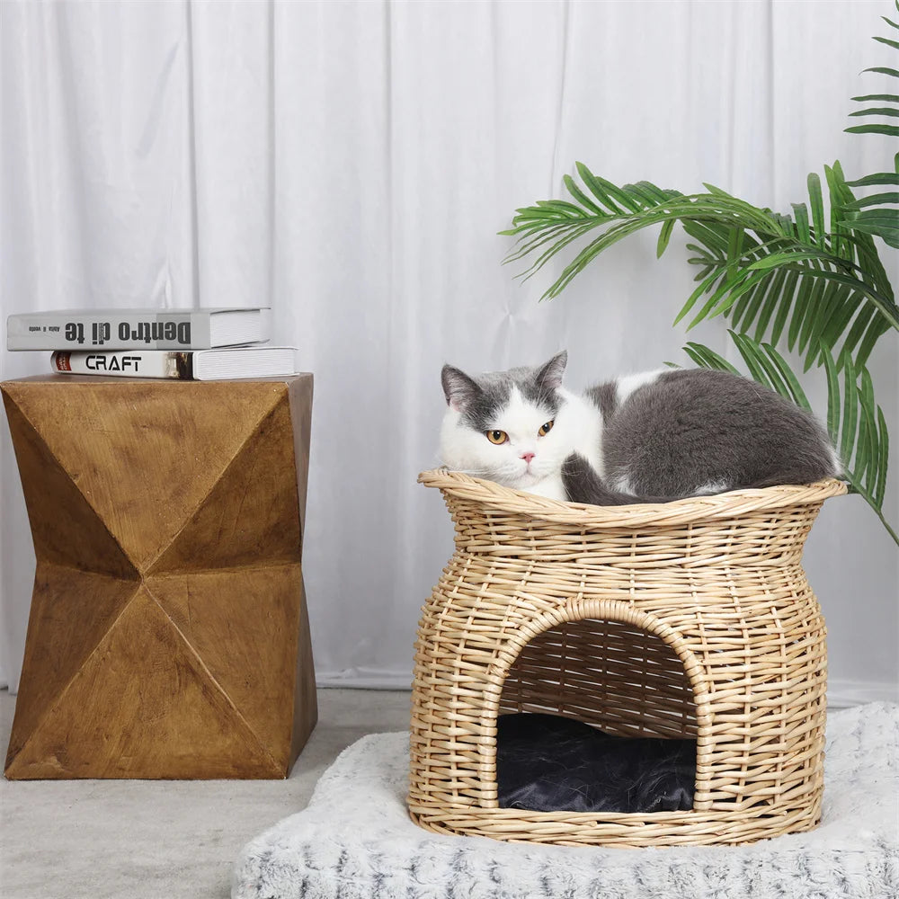 2-Tier Rattan Wicker Elevated Cat House Kitty Scratch Indoor Igloo Cat Bed Cave House Pet Bed Basket with Washable Soft Cushion