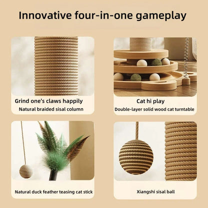 Indoor Cat Scratching Post for Home Pets, 2-Layer Ball Track Kitten Toy with Teasing Wand, Sisal Cat Scratching Post with Toy Ball