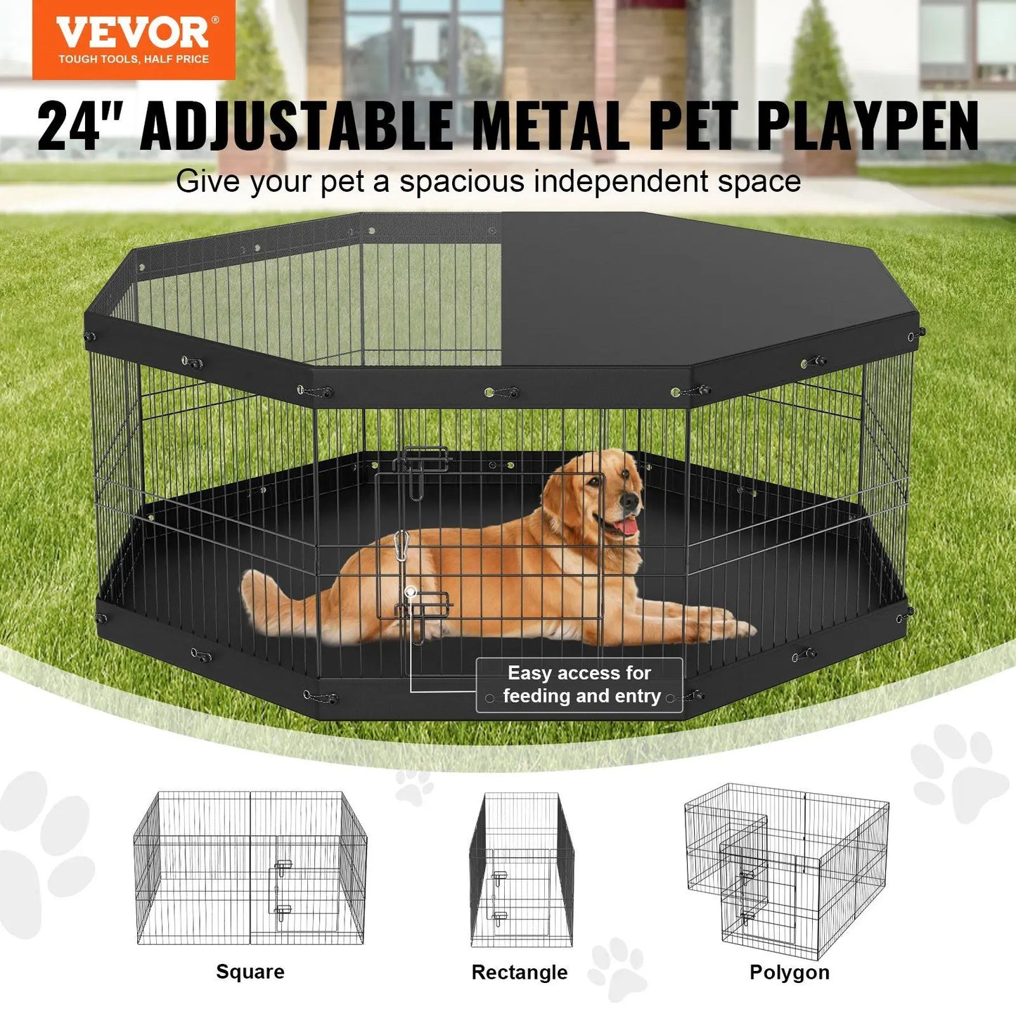 Dog Playpen, 8 Panels Foldable Metal Dog Exercise Pen with Top Cover and Bottom Pad, 24" H Pet Fence Puppy Crate Kennel, I