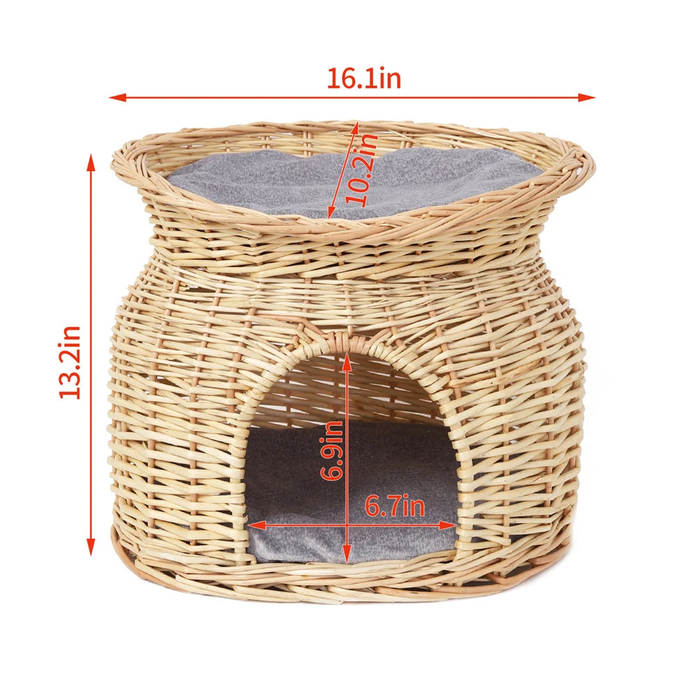 2-Tier Rattan Wicker Elevated Cat House Kitty Scratch Indoor Igloo Cat Bed Cave House Pet Bed Basket with Washable Soft Cushion