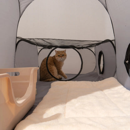 Square Gray Cats and Dogs Delivery Room Hard Oxford Cloth with a Play Tunnel Foldable Pets Nest